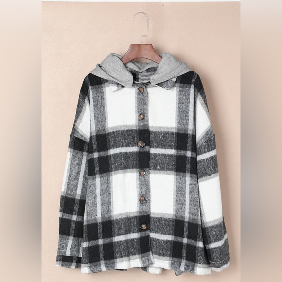 Plaid Button Front Brushed Hooded Jacket